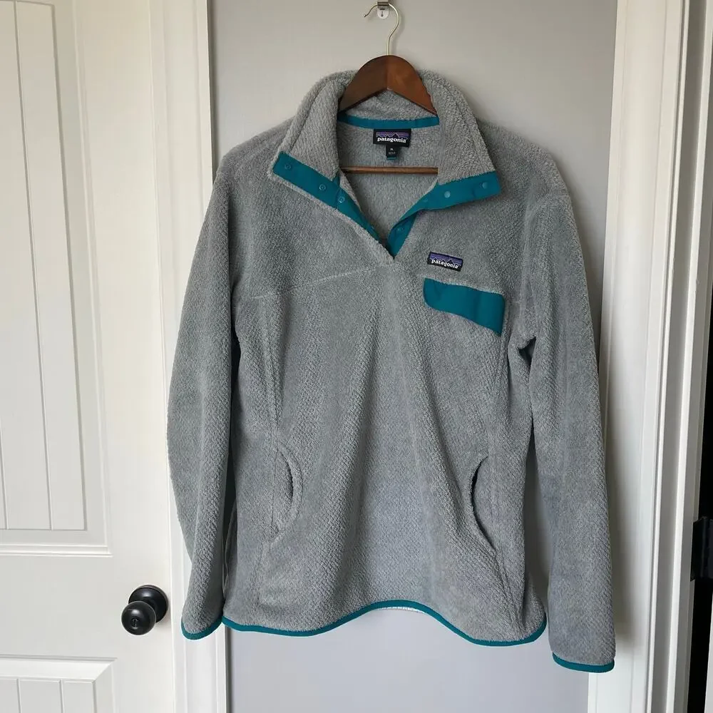Patagonia Women's T-snap Pullover Fleece Grey Teal sz XL